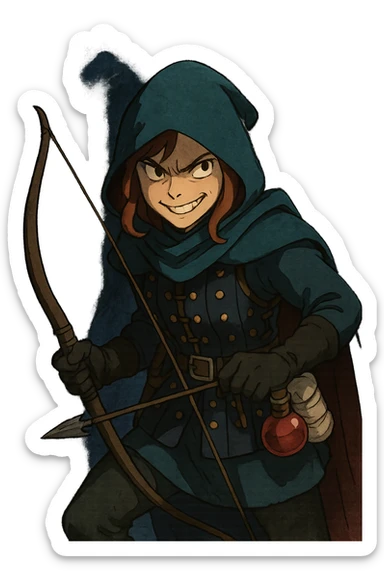 A female rouge , colored hood, wearing brigandine armor with, bow and arrow at the ready, night time shadows, tool belt with red potion and bandages, mischievous grin, anger sticker