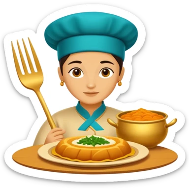 Uzbek cuisine humanless avatar in bright illustration. Classic dishes like plov, warm golden and earthy tones, simple shapes, flat design, high contrast, friendly and appetizing. sticker