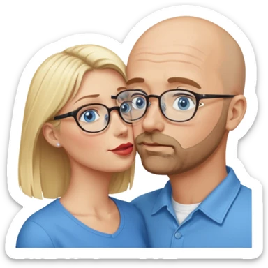 middle age bald man with scruff, blue eyes and glasses.  Kissing blonde woman with blue eyes, the woman does not have glasses on sticker