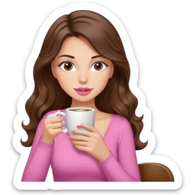 girl with long wavy brown hair, brown eyes, light to medium complexion, in a pink sexy top, pink lips, long lashes sipping coffee sticker