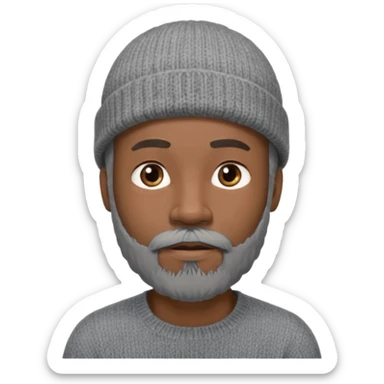 Middle-aged black male, gray goatee beard, wearing a gray knit beanie sticker