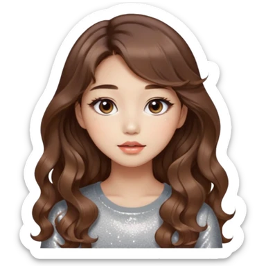“korean brown hair Emoji girl, soft eyeliner, gradient lips, light brown shimmer eyeshadow, sparkly aegyo-sal, long wavy hair,  sticker