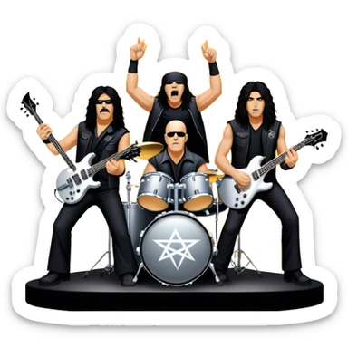 Icon for Heavy Metal: Anthrax live concert with Charlie Benante on drums, Joey Belladonna on vocals, Frank Bello on bass, Jonathan Donais and Scott Ian on guitars. The intense energy of the band is captured with instruments and stage lighting. Transparent background. sticker