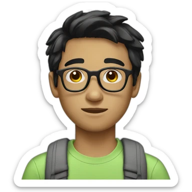 teen guy with black hair wearing glasses and a light green t-shirt sticker