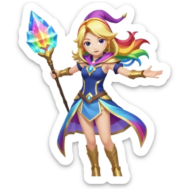 Lux from League of Legends, rainbow spell shooting from staff, dynamic pose sticker