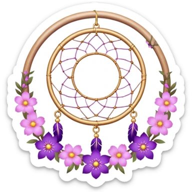 A white-circle-framed Dreamcatcher with purple-round-orb-stones, gold-ring-accents, purple tint flowers, pink sakura flowers, sticker