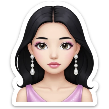 asian long black hair silver grey eyes glossy lips glittery white and light pink eyeshadow girl pearl earrings sticker