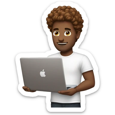 a guy with a voluminous chestnut-colored hairstyle, holding a MacBook, blue eyes, wearing a white T-shirt, medium build sticker
