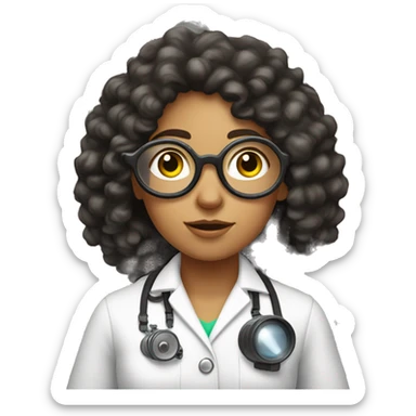 White teenage girl scientist with black hippie perm, freckles on her face, and binoculars around her neck sticker