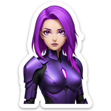 A sleek warrior woman with flowing purple hair, her sharp violet eyes glowing with quiet intensity. She wears a form-fitting black armored suit with smooth, seamless plating, a fusion of high-tech design and elegant minimalism. The matte black surface subtly reflects the dim ambient light, highlighting the streamlined contours of her suit. A slim, obsidian blade rests at her side, its edge barely visible in the soft glow of floating digital glyphs around her. Her expression is poised—calm, calculated, and unwavering, standing against a gradient-lit backdrop, where darkness meets the faintest hint of neon luminescence. sticker