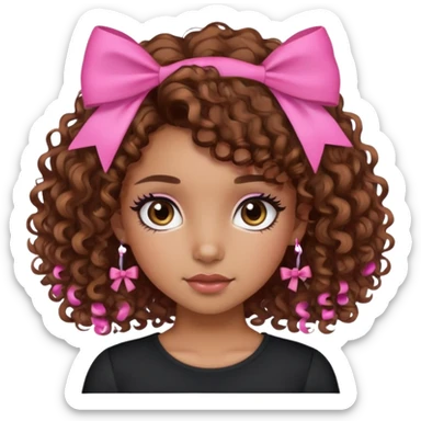 Caramel skin girl, with short-medium curly brown hair, brown eyes with lashes, and a pink bow on her hair, with a black shirt on. sticker