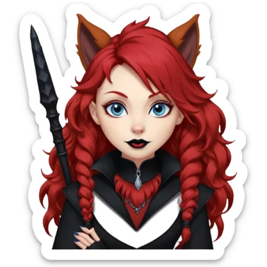  long curly red hair (darker), red pointed ears with black trim, black goth outfits, body and face human, blue eyes, more pointy chin, black lipstick, big fluffy red squirrel tail with black tips, like the attached photo with more outfits and poses,  sticker