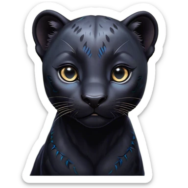 Cinematic Cute black Panther Portrait Emoji, Head tilted playfully and inquisitively, with a smooth, streamlined form accentuated by a subtle sheen and round, sparkling eyes filled with charm, Simplified yet irresistibly adorable features, highly detailed, glowing with a warm, inviting glow, high shine, affectionate and lively, stylized with a touch of whimsical mystery, bright and endearing, soft glowing outline, capturing the essence of a mischievous yet loving black Panther that seems as if it could pounce out of the screen into your arms! sticker