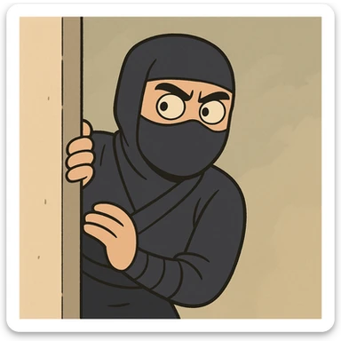 a ninja peeking from behind a wall, cartoon style sticker