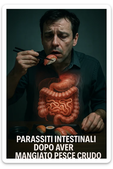 vertical realistic cinematic image of a man eating sushi and raw fish, with a transition showing the appearance of intestinal parasites and early symptoms of illness, clinical dramatic lighting, Italian captions, aspect ratio 2:3 sticker