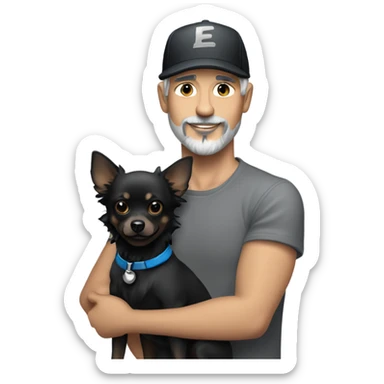 Handsome man with blue eyes wearing ball cap with grey hair and goatee beard holding all black long haired chihuahua sticker