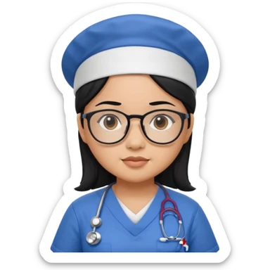 FILIPINA FEMALE NURSE, CHUBBY, BLACK HAIR, WITH GLASSES, BLUE SCRUBS, AND CAP sticker