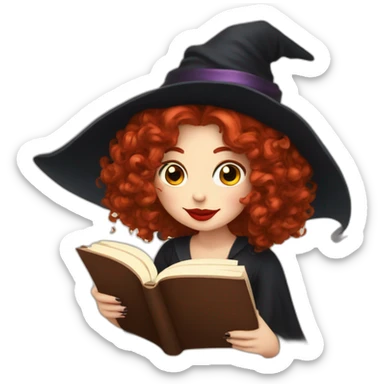 a witch with red lips, red curly hair to the shoulders reading a book and drinking coffee sticker