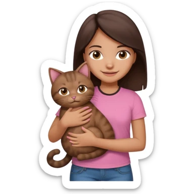 As una chica con piel marron claro con el pelo  medio largo color marron oscuro que tenga la chica una camiseta rosada mangas cortas con un jean claro que tenga ojos marrones la chica que la chica este sonriendo mientras sostiene entre sus brazos un gato negro gordito. sticker