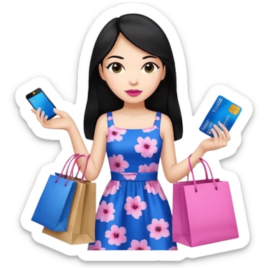 Girl with long black hair, pink lipstick, brown eyes holding shopping bags and blue credit card and wearing a dress  sticker