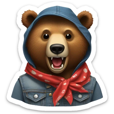 grizzly bear wearing sleeveless jean jacket and red bandana around head with open mouth sticker