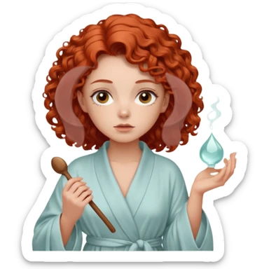 Cartoon emoji of a girl with voluminous curly red hair, fair skin, warm brown eyes. Wearing a chic milky silk robe with long sleeves, no makeup. Portrait mode, holding a gua sha, looking doubtful and unsure. Smooth, simple, stylized." sticker