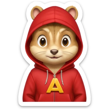 Portrait of a cartoon chipmunk with light brown and beige fur, wearing a red hoodie no zip with a yellow 'A' on it, big round eyes, small nose, and a mischievous grin, front-facing, stylized in animated movie style sticker