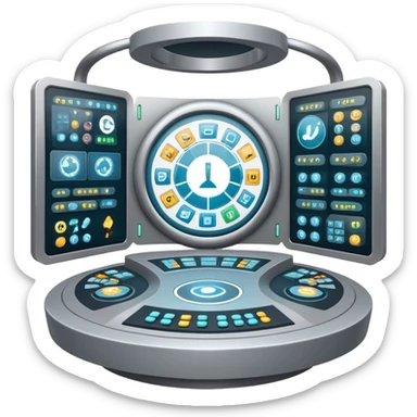 Circular control room with radial displays and consoles sticker