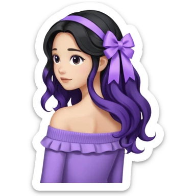 Girl with black wavy long hair and a ribbon hair clip beside it make it look like wearing a lavender off shoulder sweater make its hair stay in the back sticker