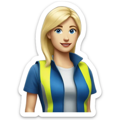 Ikea coworker blue eyes blond woman blue stripes t-shirt and yellow security vest sticker