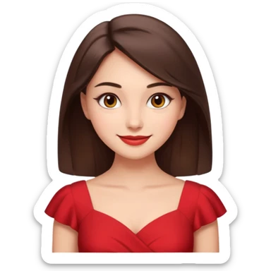 Cartoon emoji of a young brunette woman with fair-medium skin, brown eyes, wearing a red outfit. Full-height, standing confidently in a red dress  posing sexy with a smile and relaxed posture. Smooth, friendly, stylized, make up on, flirty eyes and smile in a sexy position  sticker