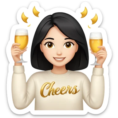 A woman with shoulder-length black hair, light to medium skin tone, full cheeks, and almond-shaped eyes, wearing a white sweater with the word 'cheers' in gold script, lying comfortably on a bed with soft lighting, joyful and radiant expression, emoji style, no drinks. sticker