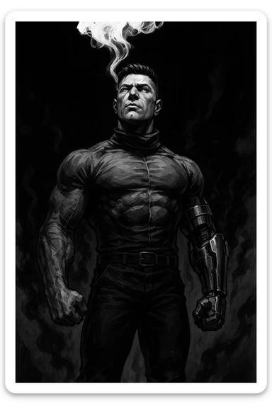 Black and white comic book panel of an extremely muscular Italian man with cybernetic implants standing in the dark, surrounded by smoke. He is wearing a long-sleeved shirt with a high collar, and his chest is sculpted. sticker