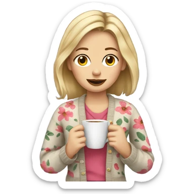dirty blonde haired girl holding a cup of coffee wearing a floral cardigan sticker