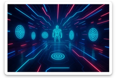 virtual combat training space, sleek sci-fi arena, holographic targets, neon lights, energetic atmosphere, no text sticker