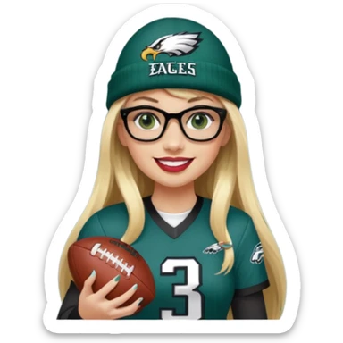 full length women wearing eagles uniform, long blonde hair, bangs, green eyes, black rectangle glasses, holding football, number 33, smiling, lipstick, eagles beanie sticker