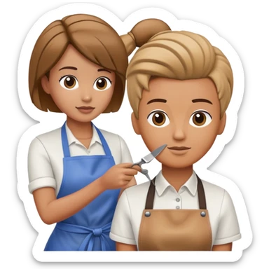hair stylist wearing apron teaching student using mannequin head sticker