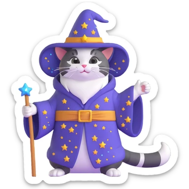 wizard cat with a starry robe and hat sticker