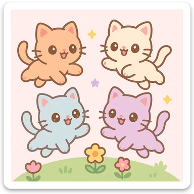 tiny pretty kittens, glowing and happy, playing and jumping in a bright garden, adorable and energetic sticker
