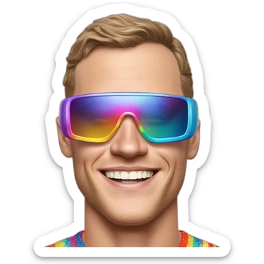 Fancy disco futuristic Jonathan Toews wearing rainbow lace shirt and wearing VR glasses and eating a moon pie sticker