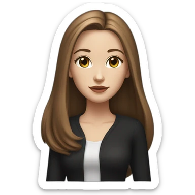 a white girl with an elongated oval face, brown long straight shoulder-length hair, brown narrow eyes, nasolabial folds, in black clothes, with a feline look, hyper realistic sticker
