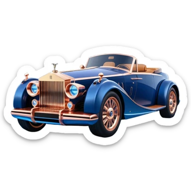 dark blue led lights on a hot rodded delicately inlaid rose gold and wood accentuated sporty 1889 Rolls Royce with futuristic electric spaceship plasma neon glowing motors and lightening dynamos with wide racing wheels that are held strong by advanced suspension and steering sticker