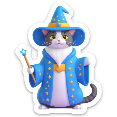 wizard cat with a starry robe and hat sticker