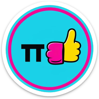 Minimalist sticker with white 'tt' letters on a black circle with cyan, magenta, and yellow dots below, thumbs up gesture with street style influence sticker