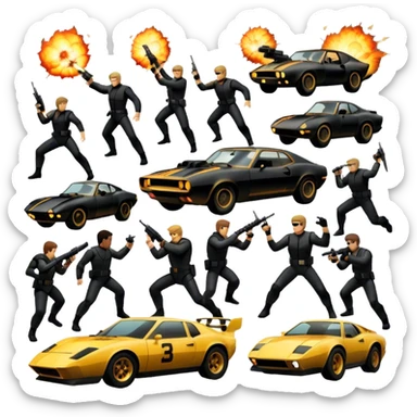 Photorealistic Icon for Action Movies: Dynamic collage of iconic action movie scenes featuring explosions, fast cars, combat, and weapons. Include silhouettes of famous action heroes, dramatic lighting, and a sense of high-octane energy. Transparent background. sticker