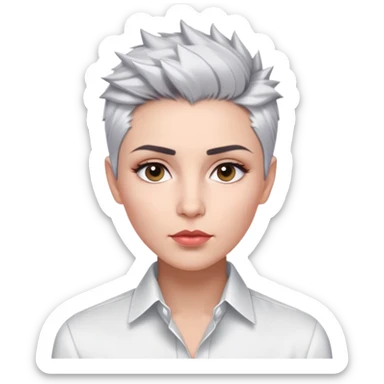 Marian Pabón with elegant facial features, light rosy complexion, expressive eyes, medium well-defined lips, sophisticated pronounced cheekbones, short spiky silver hair styled like a men's cut, dressed in a crisp white button-up shirt sticker