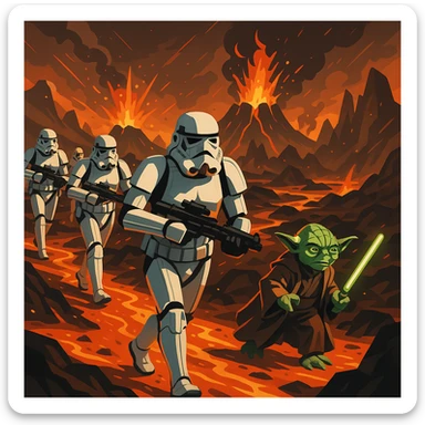 vector art of a Starwars stormtroopers is walking on lava planet with yoda, battleground background

 sticker