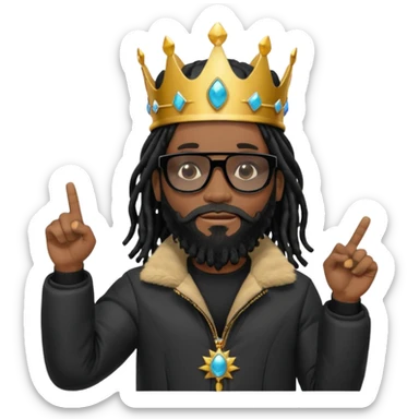 African American man with shoulder length black dreadlocks with black beard wearing black sunglasses wearing Crown on his head wearing a black bubble mens winter coat pointing at himself sticker