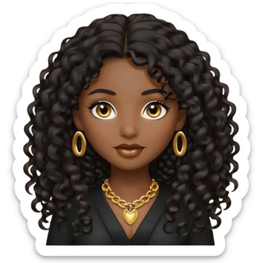 beautiful female memoji, dark skin tone, long black curly hair, golden undertones, striking eyes, luxurious and mysterious sticker