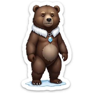 Dark chocolate brown grizzly bear shown from head to tail, standing on four legs, realistic appearance, serious face, ice chain collar, complete body sticker